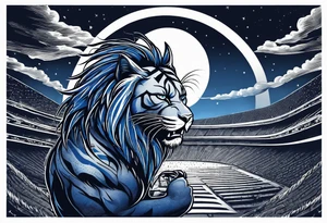 blue wildcat with long dreads under stadium football lights with a snarl on his face standing on a hill looking down at all his defeated opponents tattoo idea