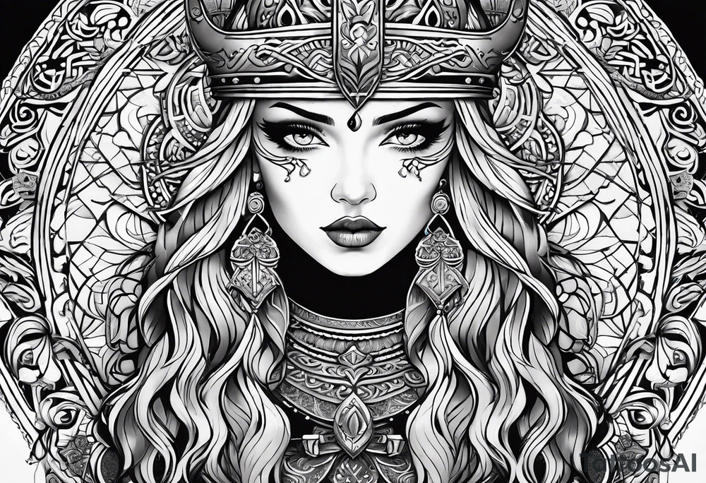 Viking, feminine warrior, mandala, bedroom eyes, headshot, closeup, full design, princess tattoo idea