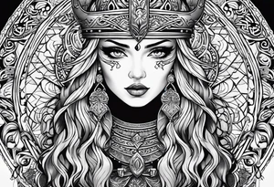 Viking, feminine warrior, mandala, bedroom eyes, headshot, closeup, full design, princess tattoo idea