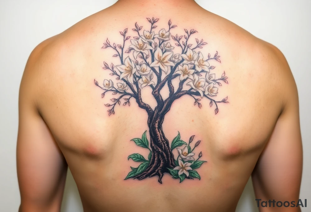 A blooming hawthorn tree with flowers, with emeralds coming out of the ground at the base of the tree, with lilies planted around the trunk tattoo idea