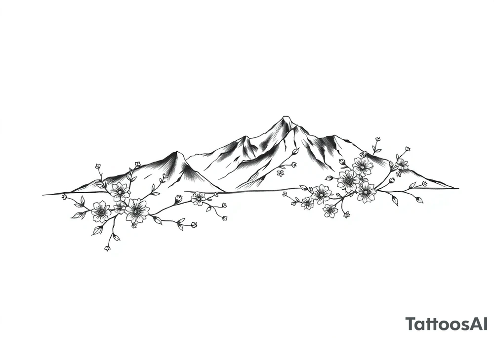 An elongated mountain range with vines and flowers mixed in tattoo idea