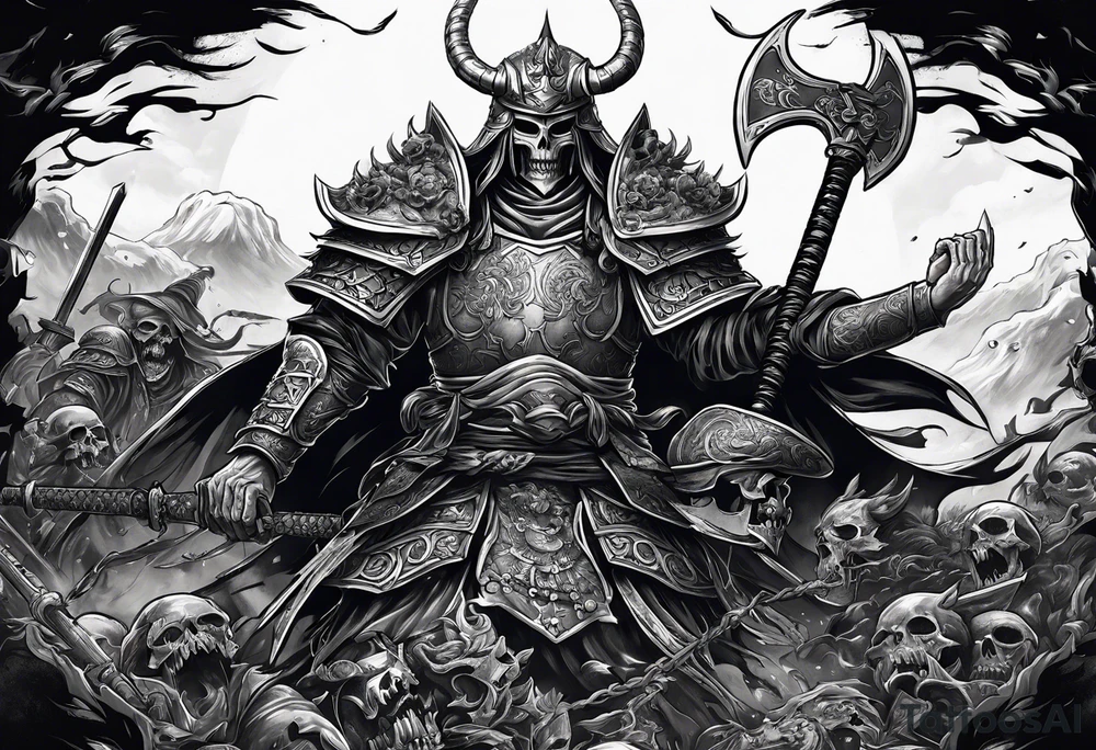 Necromancer lich raising an army of the dead from dead samurai warriors on a battlefield tattoo idea