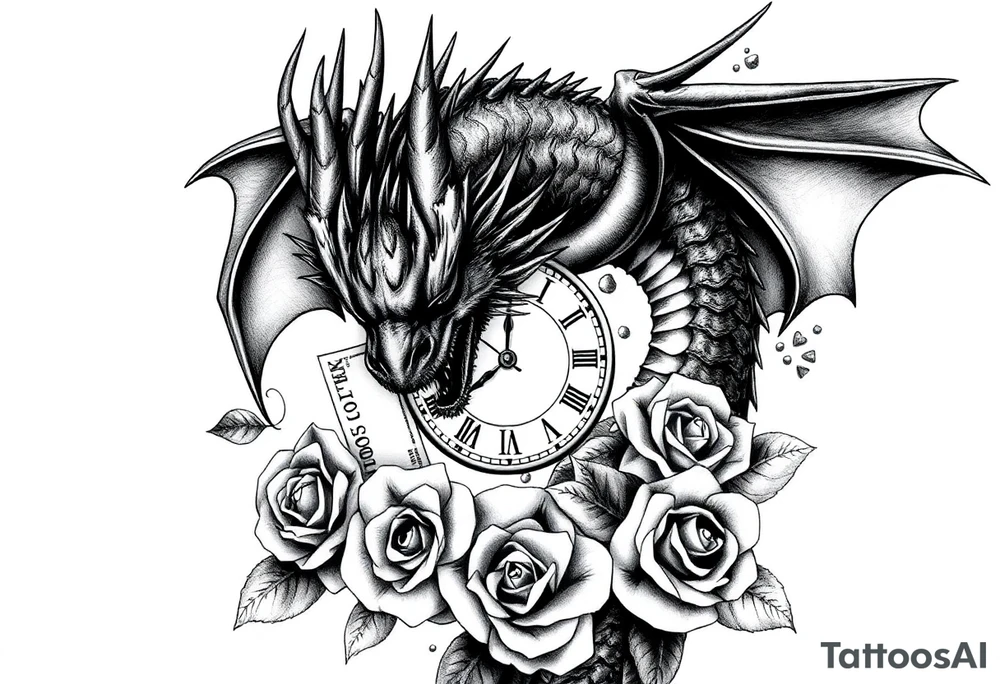 Dark dragon tattoo with clock, dollars and roses on background tattoo idea