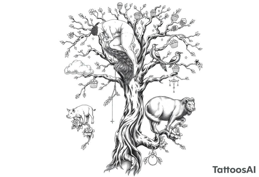 mystical tree with  and celestial branches fat naked sexy woman , peacock , pig , cupcakes, liquor, cigerette, Storm clouds, pig, peacock , fat sexy naked fat woman, cupcakes, noose , money, goat lion, man having sex, cigerette storm lightening, killing, darkness death, violent majestic creatures tattoo idea