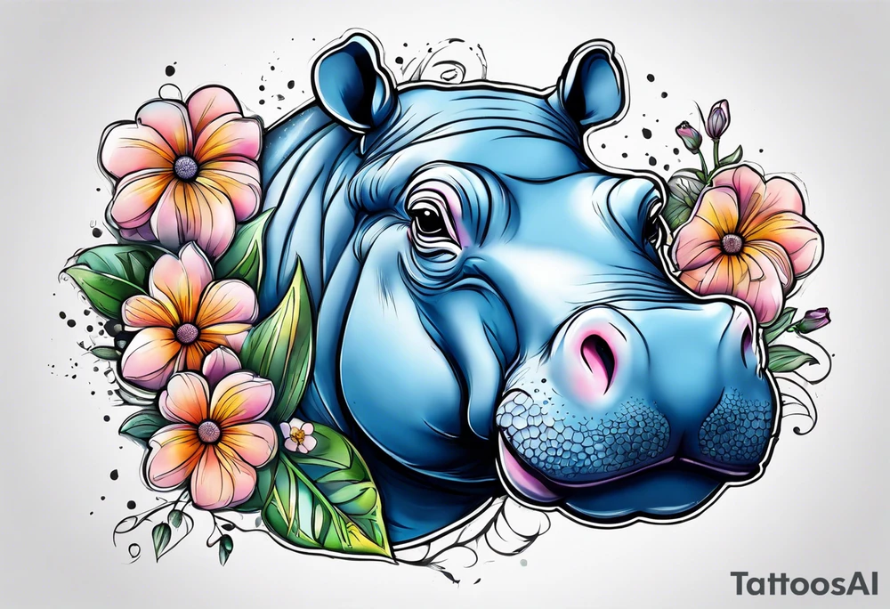 cute hippo with flowers tattoo idea