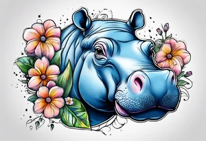 cute hippo with flowers tattoo idea