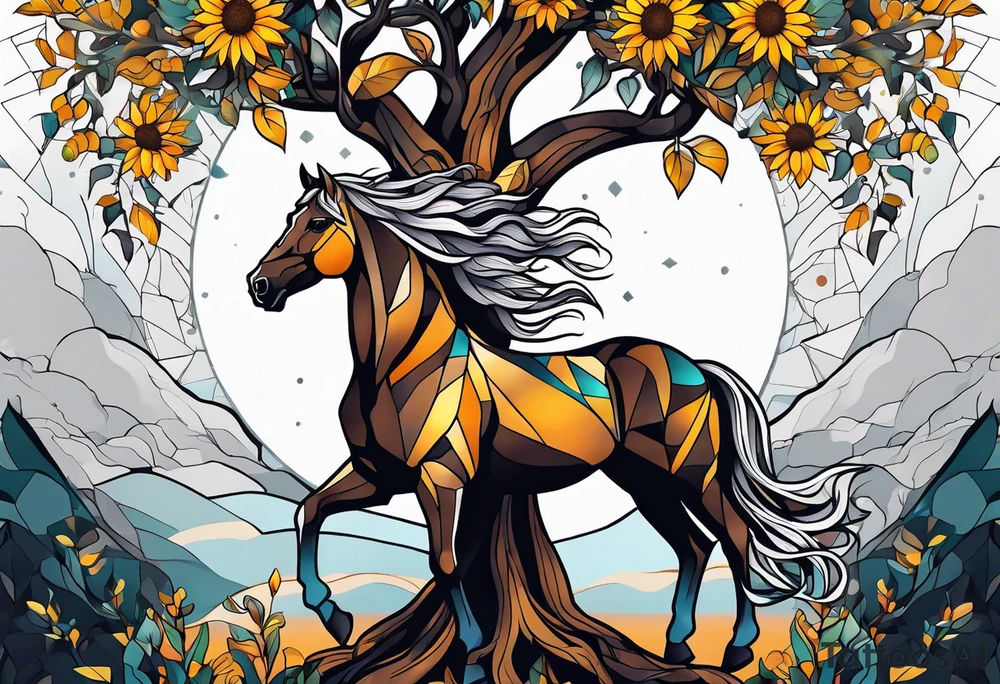 Yggdrasil tree, horse, sunflower tattoo idea