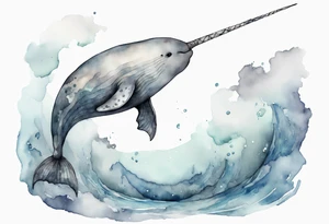 a melancholy watercolor painting of a realistic narwhal swimming in a grey ocean tattoo idea