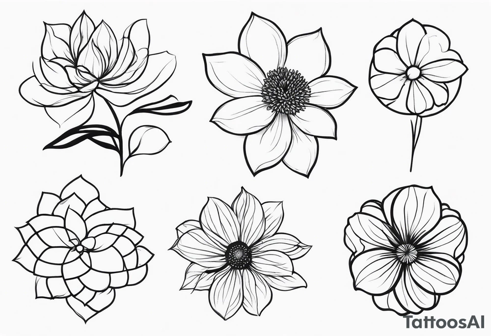 “Produce a series of minimalist flower tattoos, each representing different blooms with a focus on simplicity and beauty.” tattoo idea