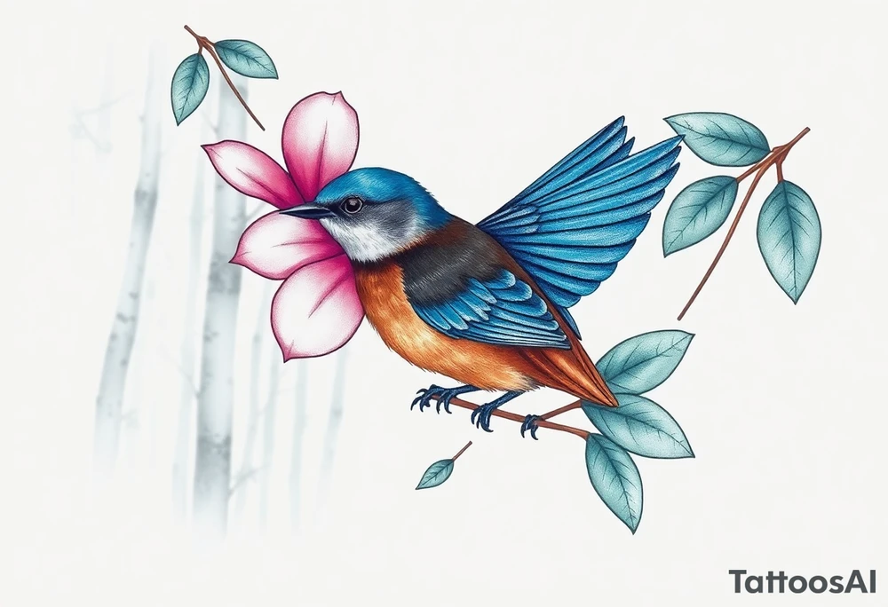 forest trees background
blue rain drops
pink camelia flower
blue and brown wren bird tattoo idea
