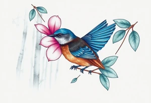forest trees background
blue rain drops
pink camelia flower
blue and brown wren bird tattoo idea