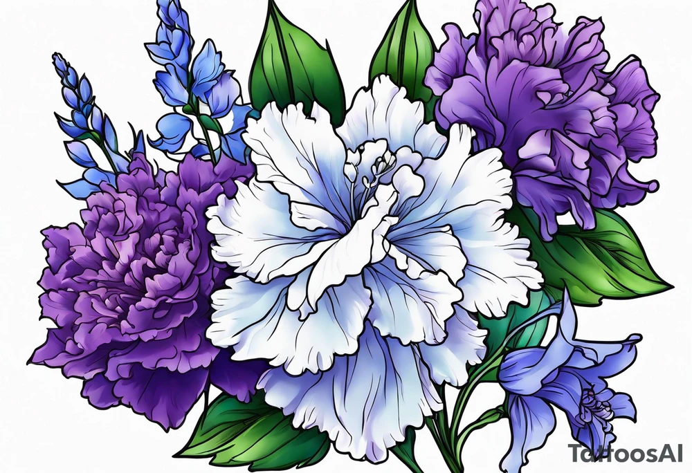 Larkspur flowers and carnation flowers in all color. Colors blue, purple, green, and light blue tattoo idea