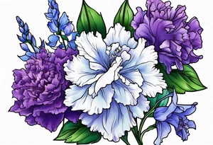 Larkspur flowers and carnation flowers in all color. Colors blue, purple, green, and light blue tattoo idea