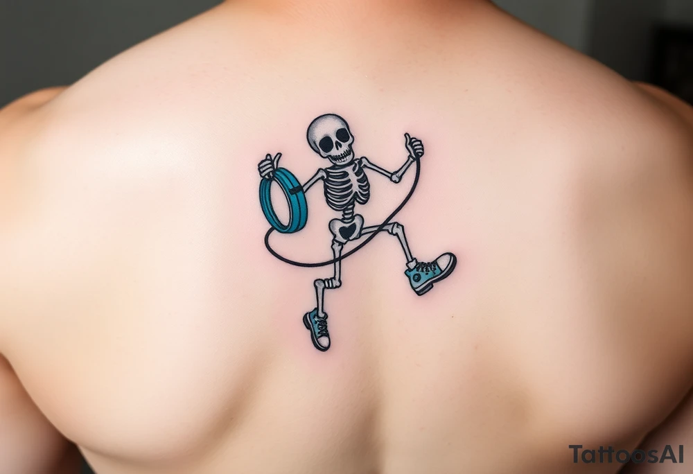 Funny small skeleton jumping on a rope with a blue headphones and blur tennis shoes tattoo idea