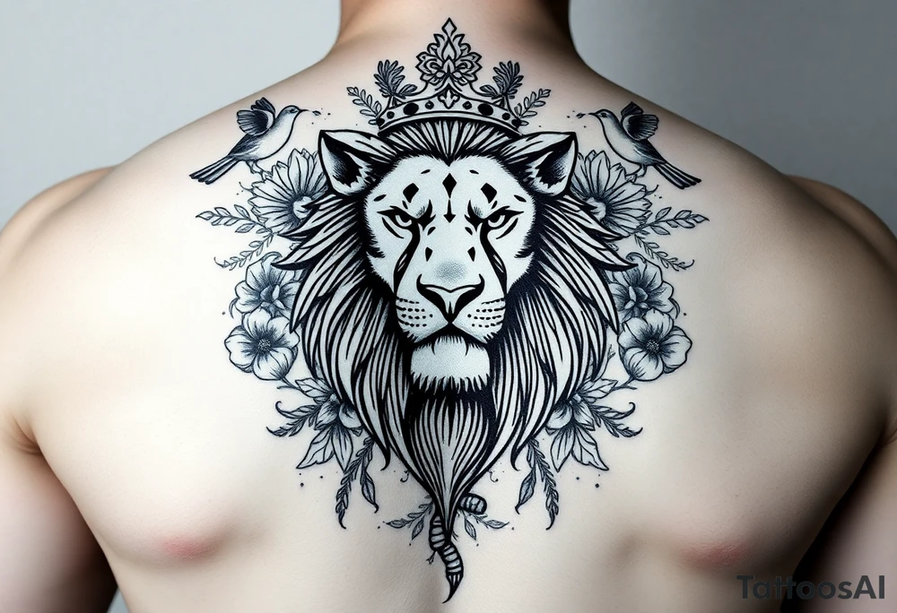 powerful majestic lion with a crown, surrounded by floral ornaments and birds tattoo idea