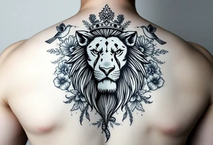 powerful majestic lion with a crown, surrounded by floral ornaments and birds tattoo idea
