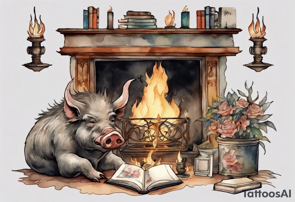 an old boar with tusks sitting by a fireplace reading a book tattoo idea