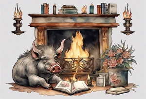 an old boar with tusks sitting by a fireplace reading a book tattoo idea