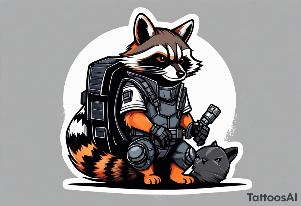 Rocket raccoon sitting with a small black  house cat tattoo idea