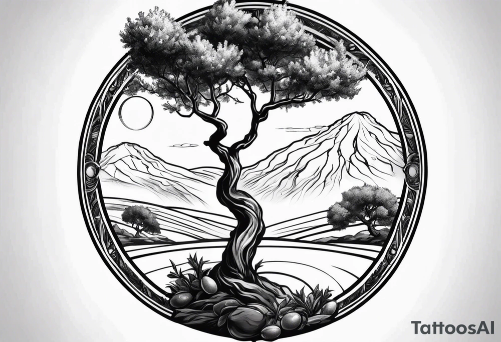 an olive tree and Saturn raising behind it tattoo idea
