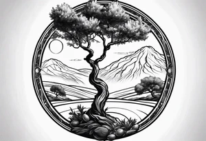 an olive tree and Saturn raising behind it tattoo idea