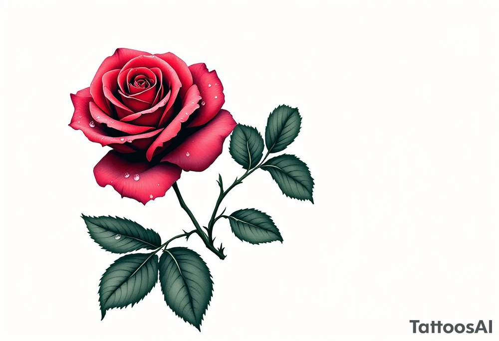 A vibrant red rose with dewdrops, the petals curling with realistic depth in deep crimson and dark green leaves. tattoo idea