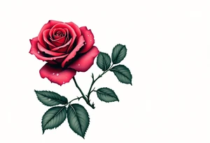 A vibrant red rose with dewdrops, the petals curling with realistic depth in deep crimson and dark green leaves. tattoo idea