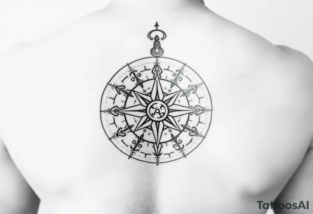 Create a line work Viking compass using symbols for protection, wisdom, and knowledge from both the Aztec and Viking cultures. Make the image very simple and able to print. Outline only not a lot of thick black use elder futhark runes for protection, wisdom and luck. tattoo idea
