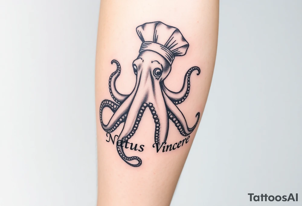 A fierce octopus on the right calf extending to the toe, with the Latin phrase Natus Vincere; the tattoo must be very realistic and the octopus must be wearing a chef's hat. tattoo idea