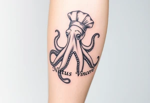 A fierce octopus on the right calf extending to the toe, with the Latin phrase Natus Vincere; the tattoo must be very realistic and the octopus must be wearing a chef's hat. tattoo idea