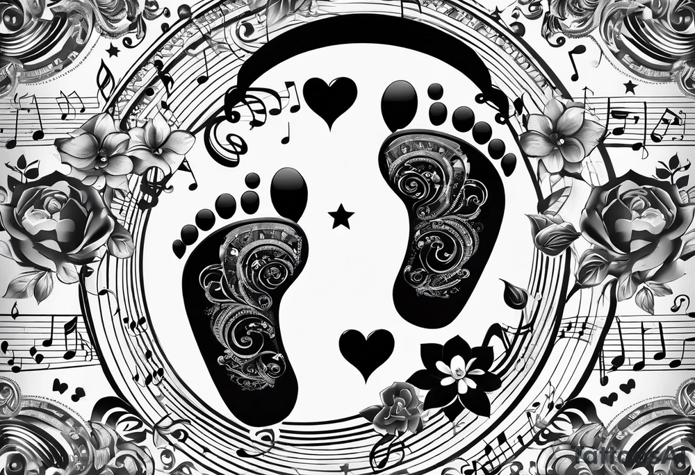Baby footprint with child's birth information surrounded by music related iconograohy tattoo idea