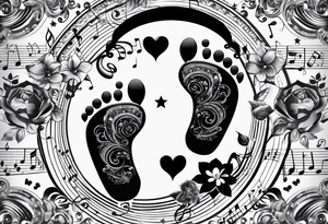Baby footprint with child's birth information surrounded by music related iconograohy tattoo idea