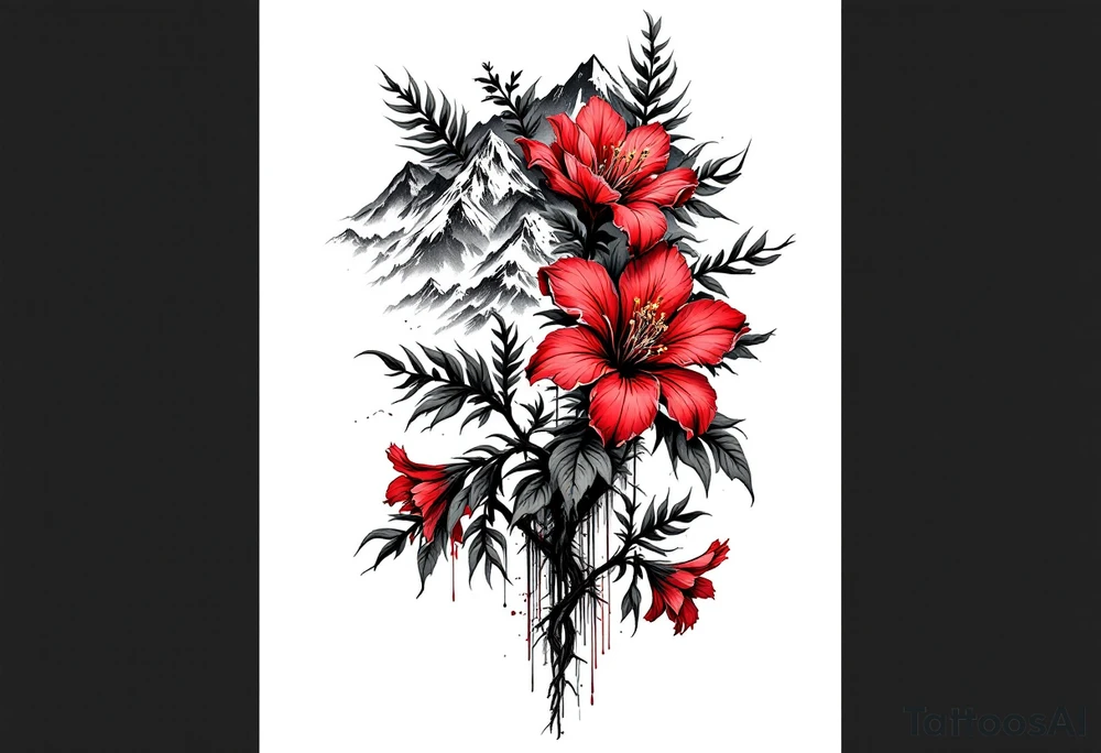 vertical wrist size red  and black rhododendron trippy with Himalayas behind tattoo idea