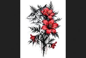 vertical wrist size red  and black rhododendron trippy with Himalayas behind tattoo idea