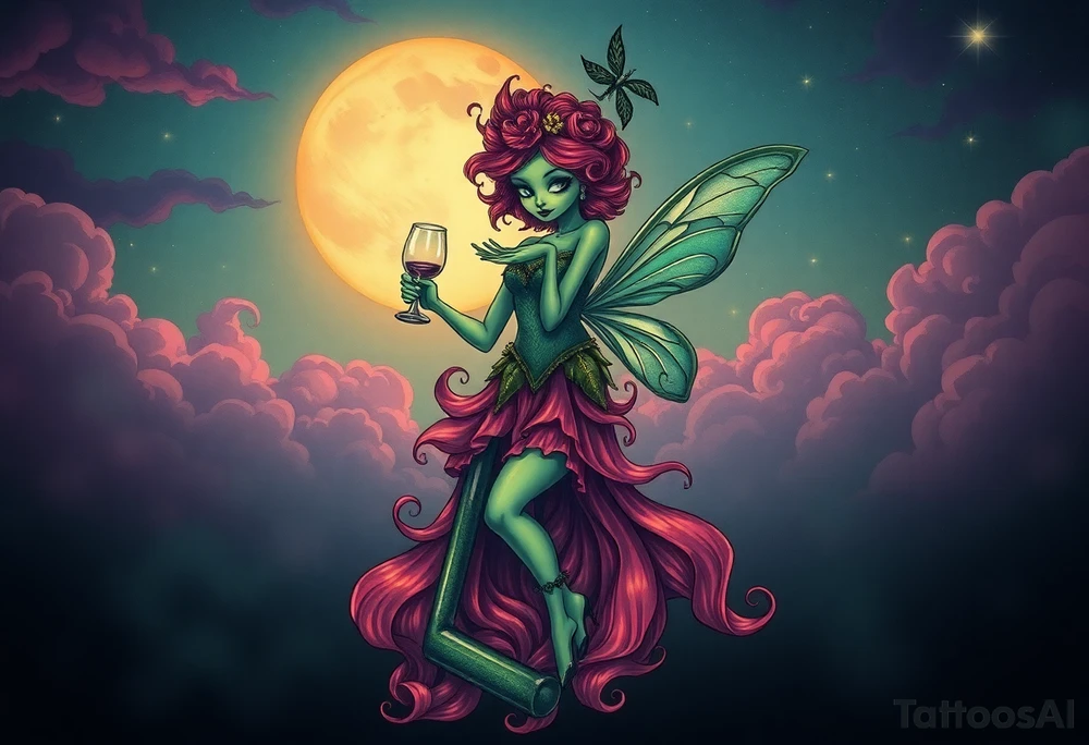 Tim Burton’s kelly doty pin up style Vintage Parisian elegant and hauntingly beautiful yet eerie full body absinthe Green Fairy dances outside her victorian crystal decatur she was once inside this elaborate ornate bottle absinthe bottle Absinthe Art Nouveau   and dripping with muted reds, dusty pinks, and eerie green glow.purple and cyan smokey clouds swirl in the crescent moonlit sky thats sprinkled with stars tattoo idea