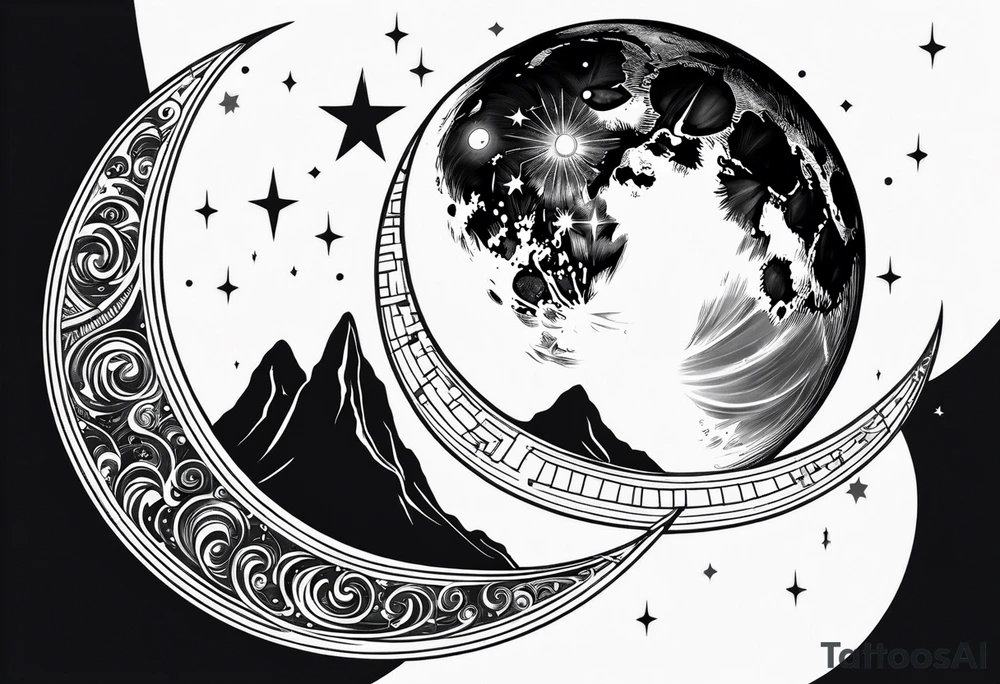 Central Element:

Moon: A crescent moon will be the centerpiece of the design, surrounded by a quote.
Quote: To the stars that listen...and the dreams that are answered. Will be placed around the moon. tattoo idea