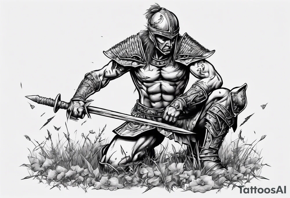 Warrior kneeling upon a field of fallen enemies tattoo idea