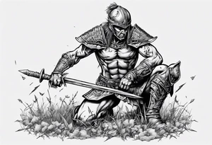 Warrior kneeling upon a field of fallen enemies tattoo idea