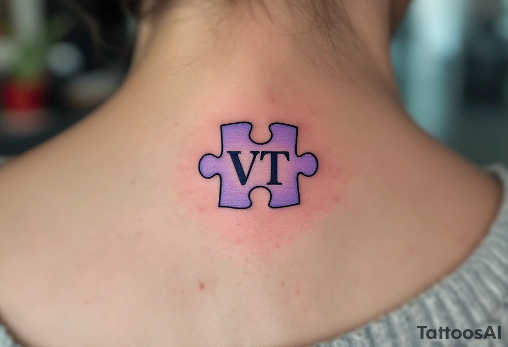 A puzzle piece in pastel purple with the daughter’s initials VT inside, symbolizing how she completes your heart. tattoo idea