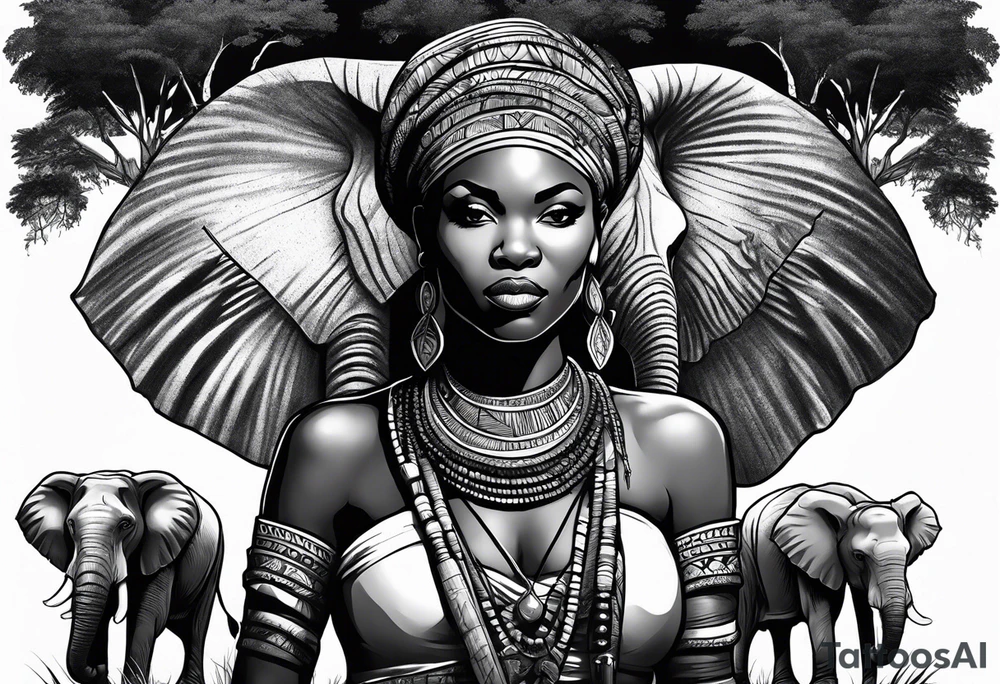 African woman warrior with spear in her hand with elephants and trees around her tattoo idea