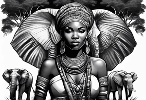 African woman warrior with spear in her hand with elephants and trees around her tattoo idea