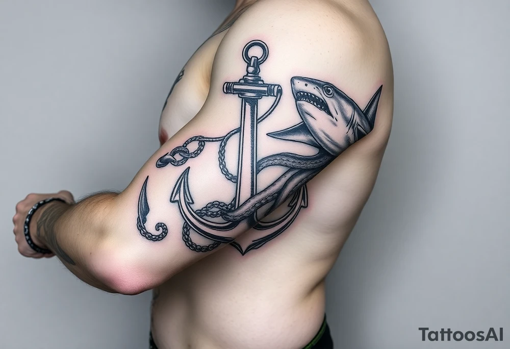 anchor with a pair of lung ingraved on it with an octopus who is holding the anchor and pulling doward on my forearm then on my upper arm and shoulder a hammerhead shark who is tied to the anchor and  pulling up on it tattoo idea
