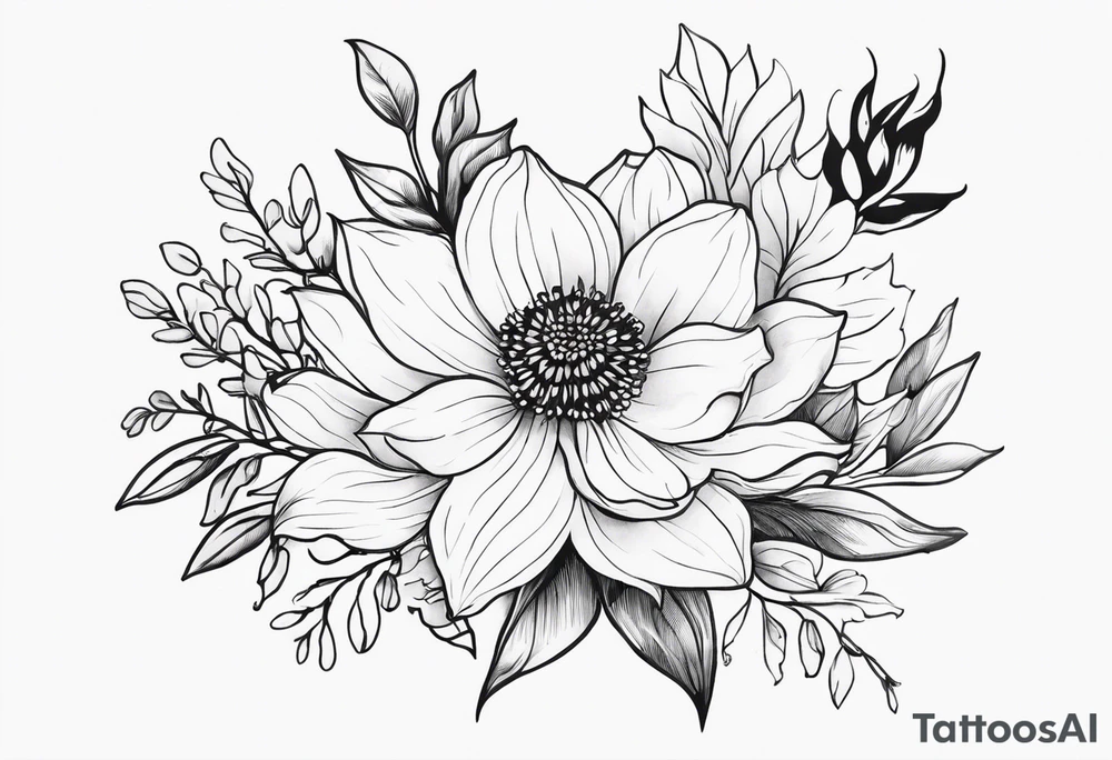 January birth flower, May birth flower, June birth flower x 2, July birth flower, August birth flower, September birth flower, October birth flower, December birth flower with some leaves starting on top frontal thigh ended at ankle / calf tattoo idea