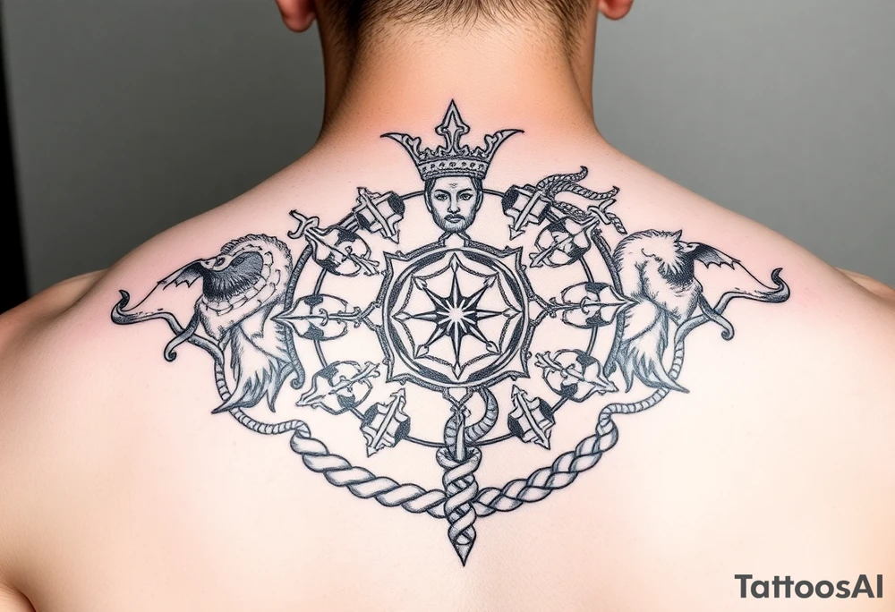 Powerful complex Tattoo, including every Symbol of the 12 Greek gods and some Parts of Celtic rope work. tattoo idea