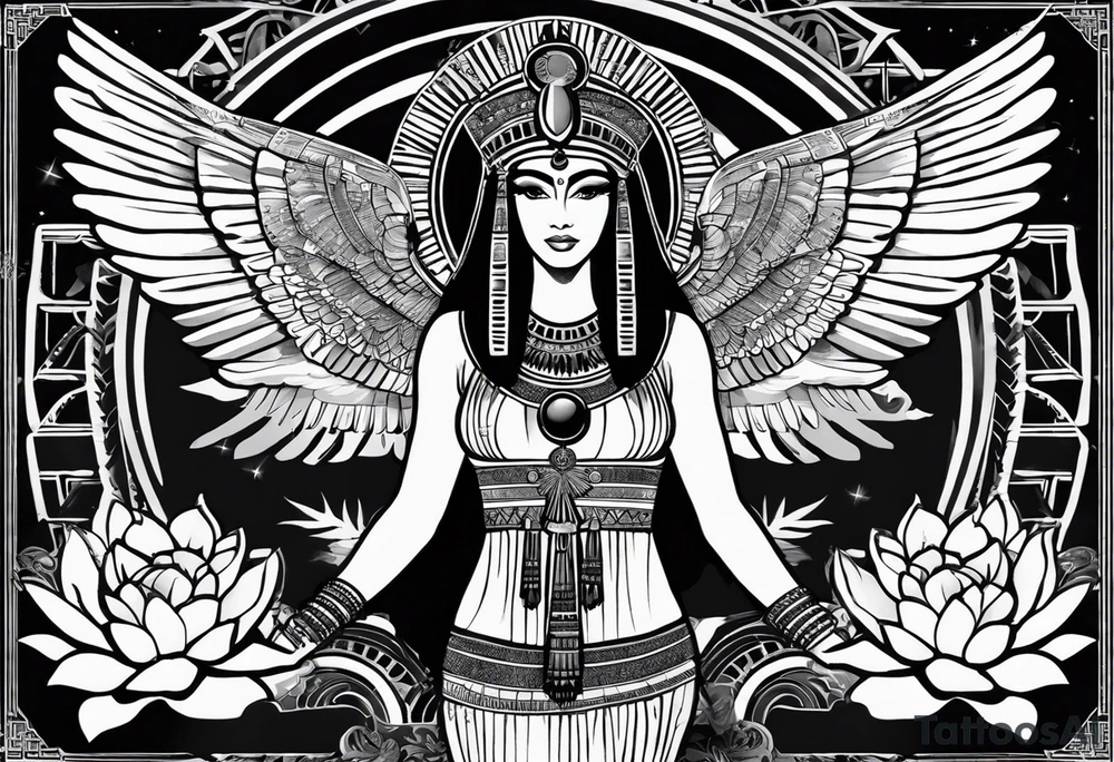 black and white Egyptian goddess Isis, who is often depicted as a woman with outstretched wings, holding an ankh (a symbol of life) in one hand and a lotus flower in the other. Her headdress often includes a throne or a solar disk. The tattoo design can vary in style and size, but it typically aims to capture the essence of this revered Egyptian deity, emphasizing her beauty, power, and maternal qualities. The choice of colors and additional elements can also be customized to create a unique and visually striking representation of the goddess Isis tattoo idea