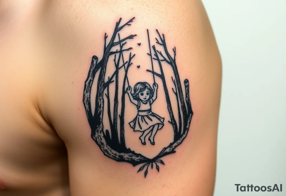 Little girl swinging in a dark scary forest tattoo idea