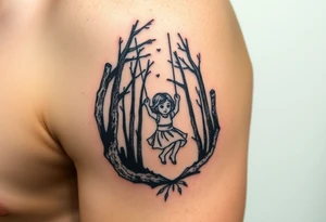 Little girl swinging in a dark scary forest tattoo idea