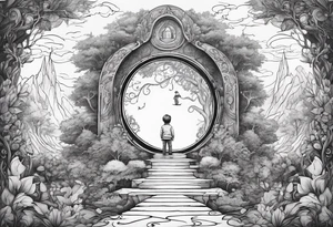 a small boy entering a portal to a fantasy world filled with nature tattoo idea