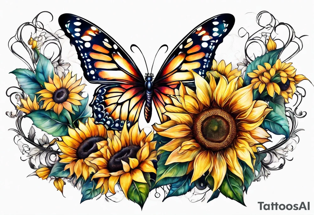 Sleeve with angel wings, sunflower and butterfly tattoo idea