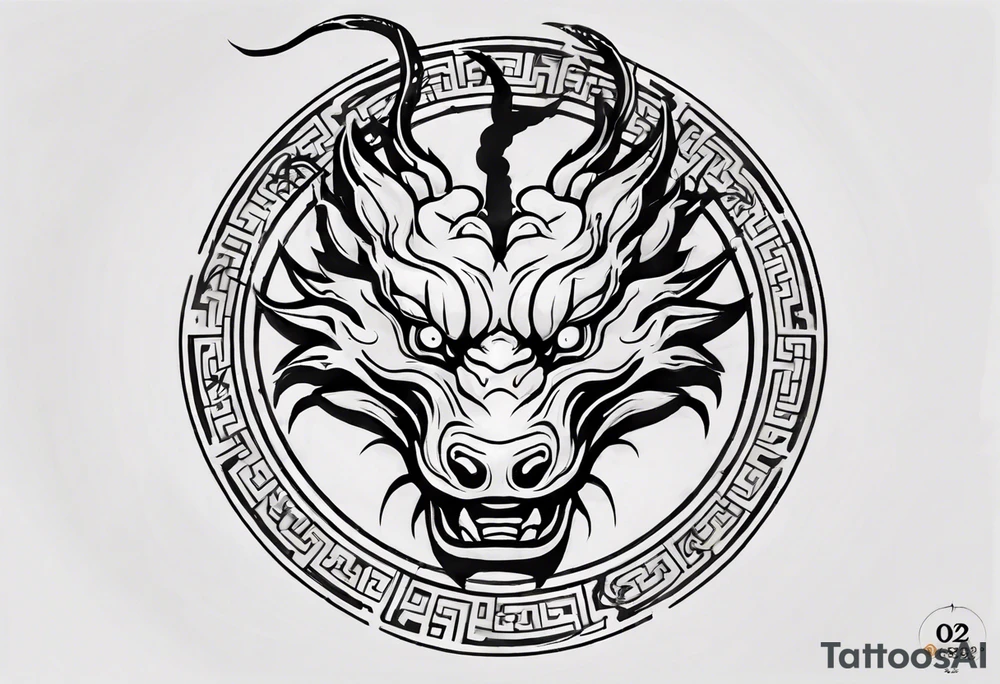 Chinese dragon in a circular shape with "02.03" written on its skin tattoo idea
